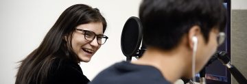 Selina Boan and Kenny Park work on the audio recording of their latest episode for the in[Tuition] podcast produced by and for UBC students on Thursday, Nov. 15, 2018. (Photo by Abigail Saxton)