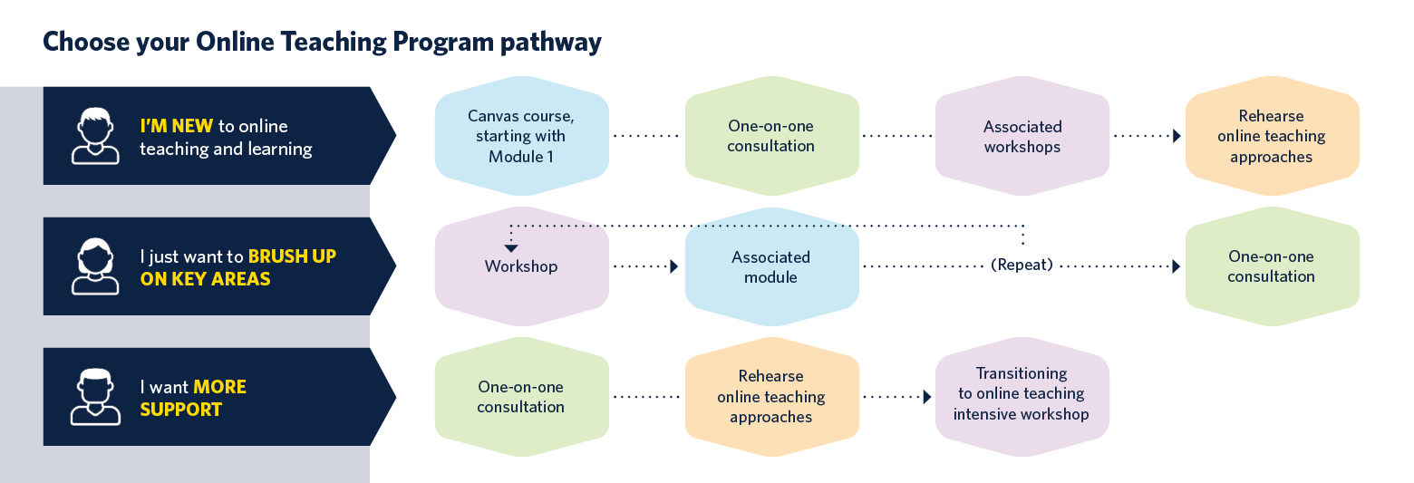 Flow-chart depicting pathways different people might take through the elements of the Online Teaching Program, including workshops, Canvas modules, one-on-one consultations and opportunities to rehearse online teaching approaches.