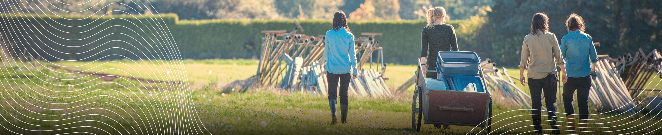 Four people walking from the back on a field